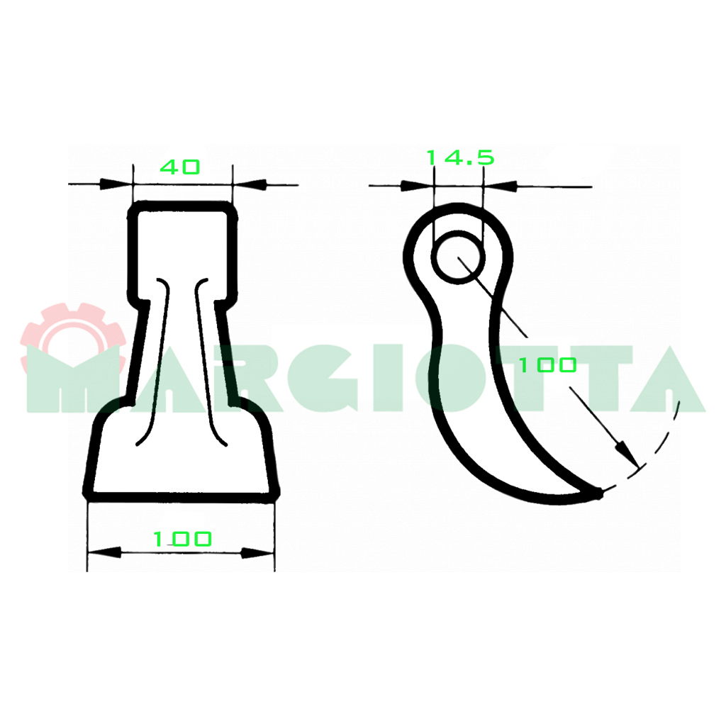 Mazza per trincia , diametro foro 14,5 larghezza attacco superiore 40 larghezza taglio lama 100 raggio 100 - immagine 2